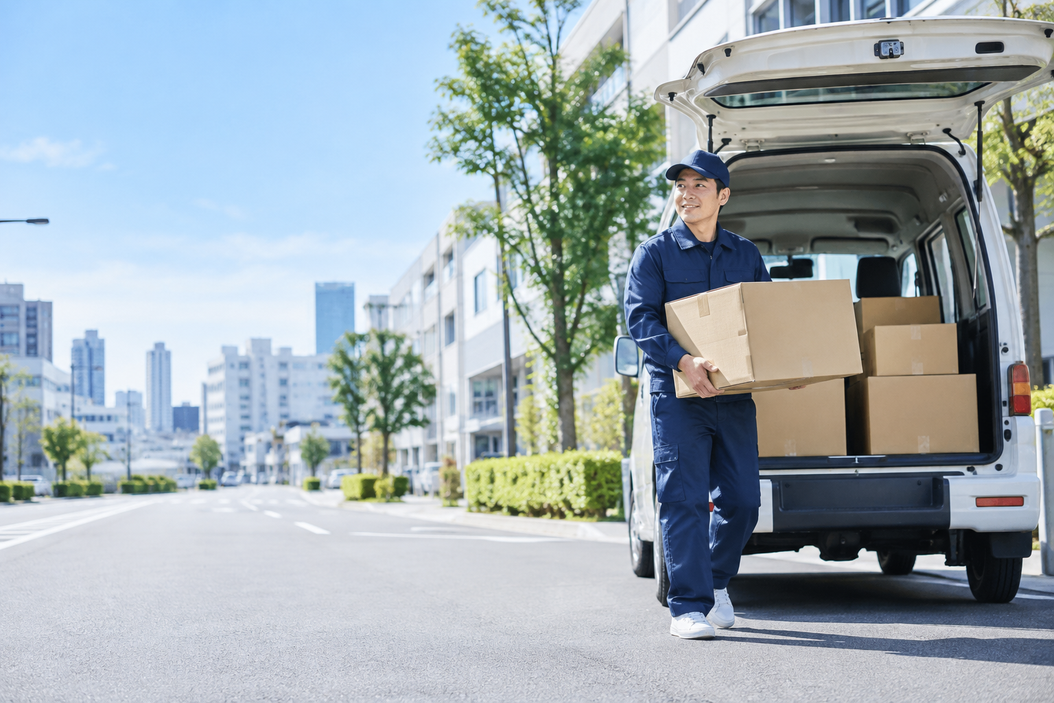 軽貨物車から荷物を運ぶ配送スタッフ